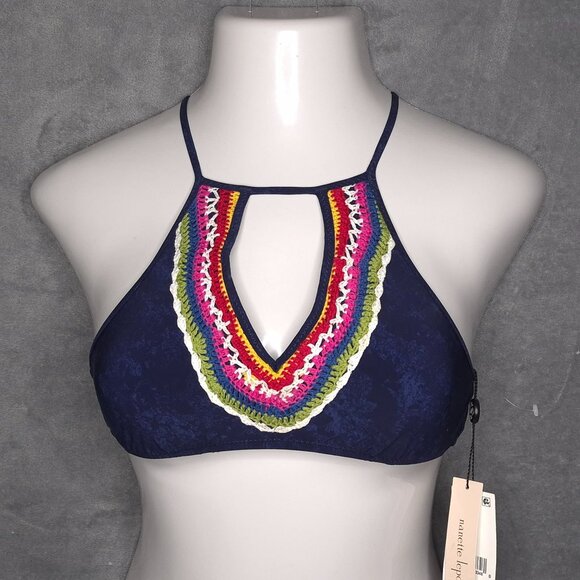 Nanette Lepore Swim XS Navy Crochet Trim Halter Bikini Top Adjustable Back Ties - Picture 1 of 5